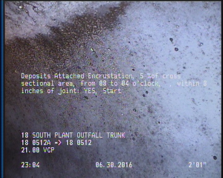 Deposits Attached Encrustation, 5 %of cross sectional area, from 08 to 04 o'clock, , within 8 inches of joint: YES, Start