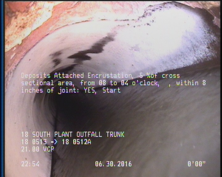 Deposits Attached Encrustation, 5 %of cross sectional area, from 08 to 04 o'clock, , within 8 inches of joint: YES, Start