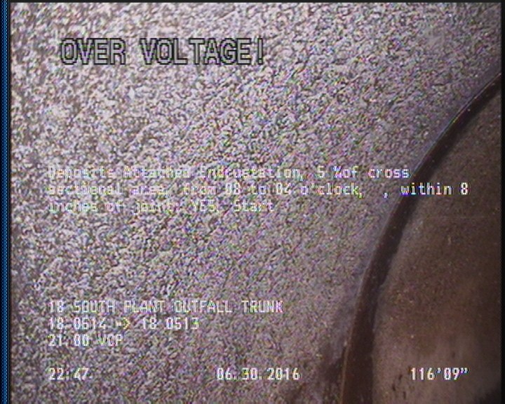 Deposits Attached Encrustation, 5 %of cross sectional area, from 08 to 04 o'clock, , within 8 inches of joint: YES, Start