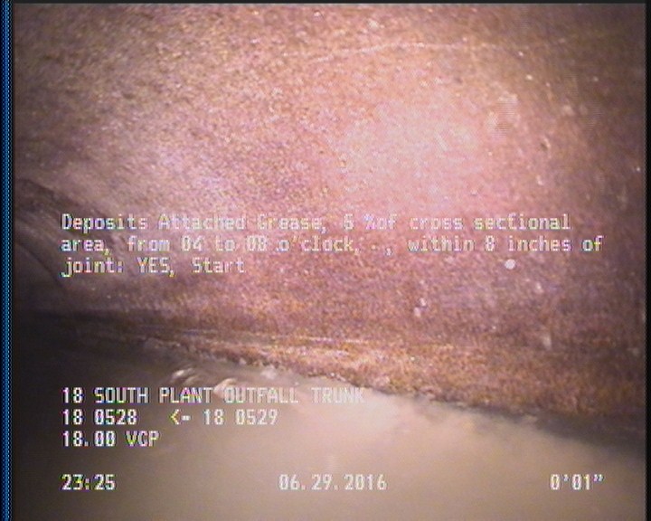 Deposits Attached Grease, 5 %of cross sectional area, from 04 to 08 o'clock, , within 8 inches of joint: YES, Start