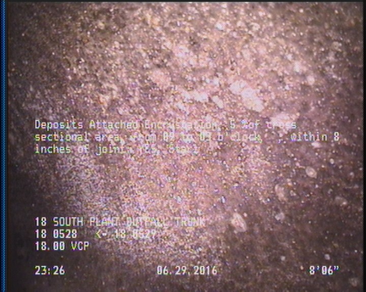 Deposits Attached Encrustation, 5 %of cross sectional area, from 09 to 03 o'clock, , within 8 inches of joint: YES, Start