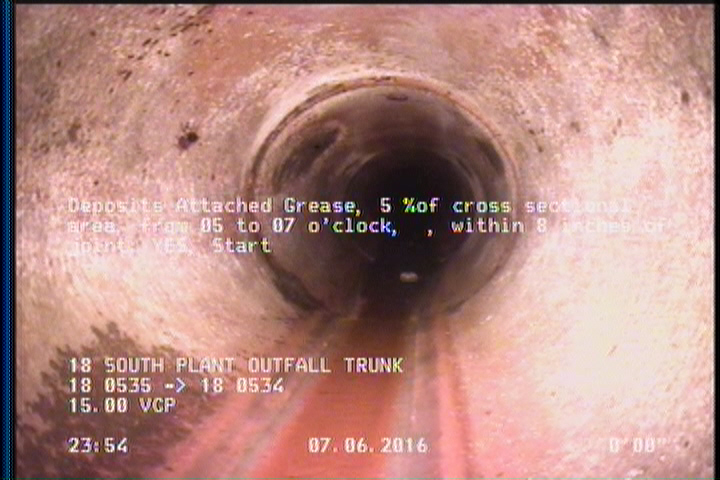 Deposits Attached Grease, 5 %of cross sectional area, from 05 to 07 o'clock, , within 8 inches of joint: YES, Start