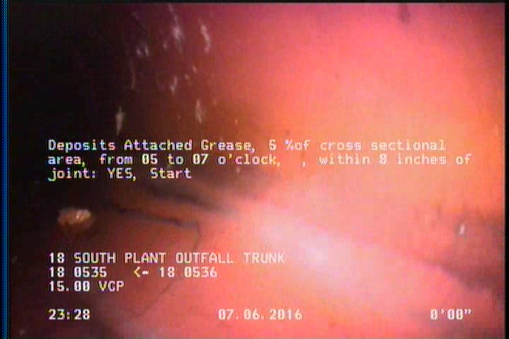 Deposits Attached Grease, 5 %of cross sectional area, from 05 to 07 o'clock, , within 8 inches of joint: YES, Start