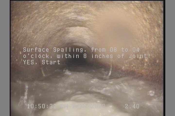 Surface Spalling, from 08 to 04 o'clock, within 8 inches of joint: YES, Start
