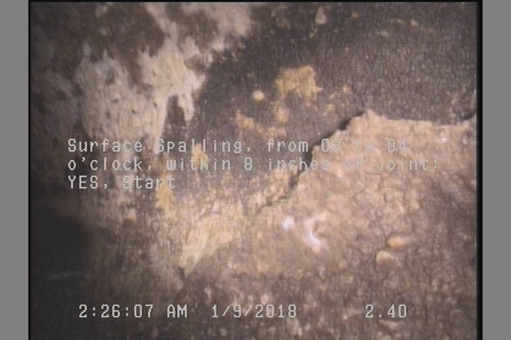 Surface Spalling, from 08 to 04 o'clock, within 8 inches of joint: YES, Start