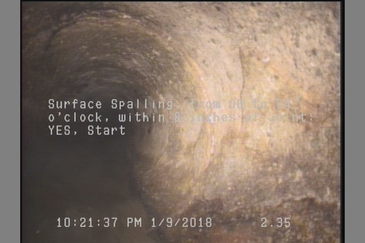 Surface Spalling, from 08 to 04 o'clock, within 8 inches of joint: YES, Start