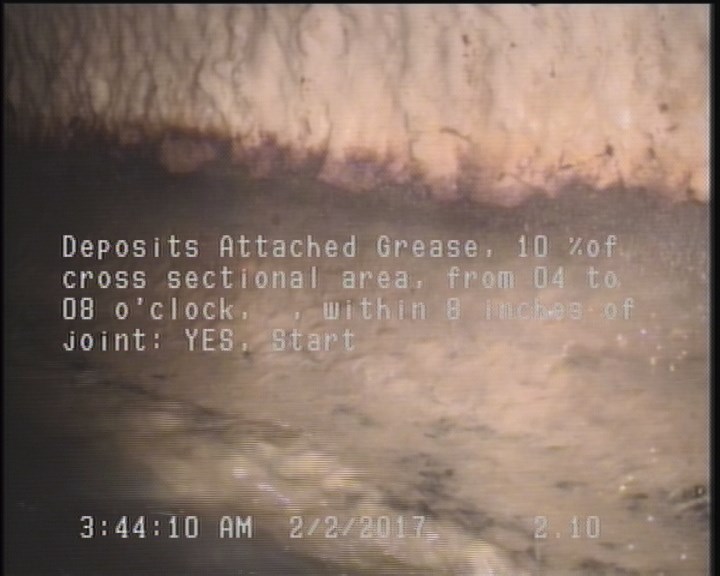 Deposits Attached Grease, 10 %of cross sectional area, from 04 to 08 o'clock, , within 8 inches of joint: YES, Start