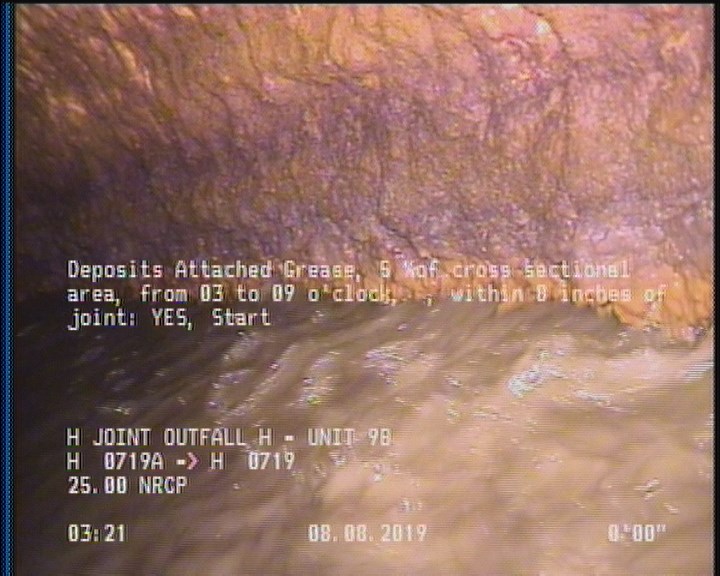 Deposits Attached Grease, 5 %of cross sectional area, from 03 to 09 o'clock, , within 8 inches of joint: YES, Start