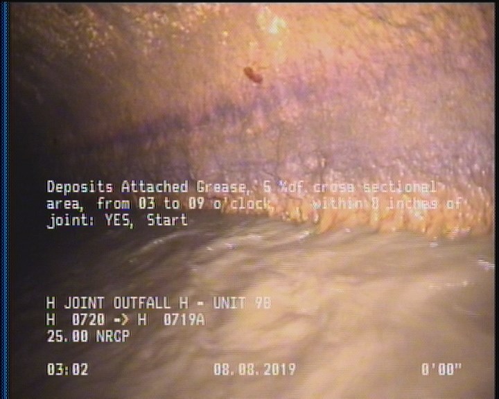 Deposits Attached Grease, 5 %of cross sectional area, from 03 to 09 o'clock, , within 8 inches of joint: YES, Start