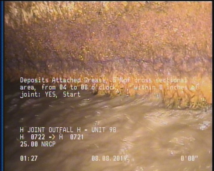 Deposits Attached Grease, 5 %of cross sectional area, from 04 to 08 o'clock, , within 8 inches of joint: YES, Start