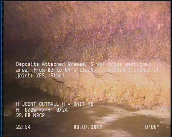 Deposits Attached Grease, 5 %of cross sectional area, from 03 to 09 o'clock, , within 8 inches of joint: YES, Start