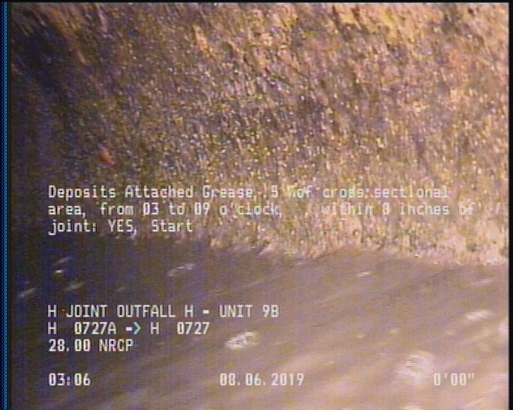 Deposits Attached Grease, 5 %of cross sectional area, from 03 to 09 o'clock, , within 8 inches of joint: YES, Start