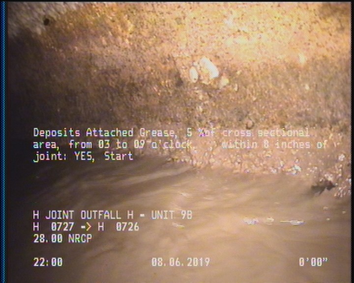 Deposits Attached Grease, 5 %of cross sectional area, from 03 to 09 o'clock, , within 8 inches of joint: YES, Start