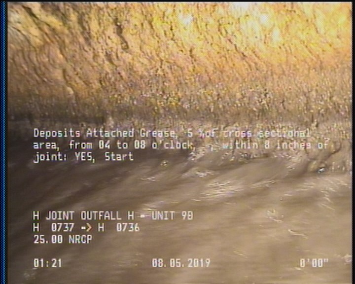 Deposits Attached Grease, 5 %of cross sectional area, from 04 to 08 o'clock, , within 8 inches of joint: YES, Start