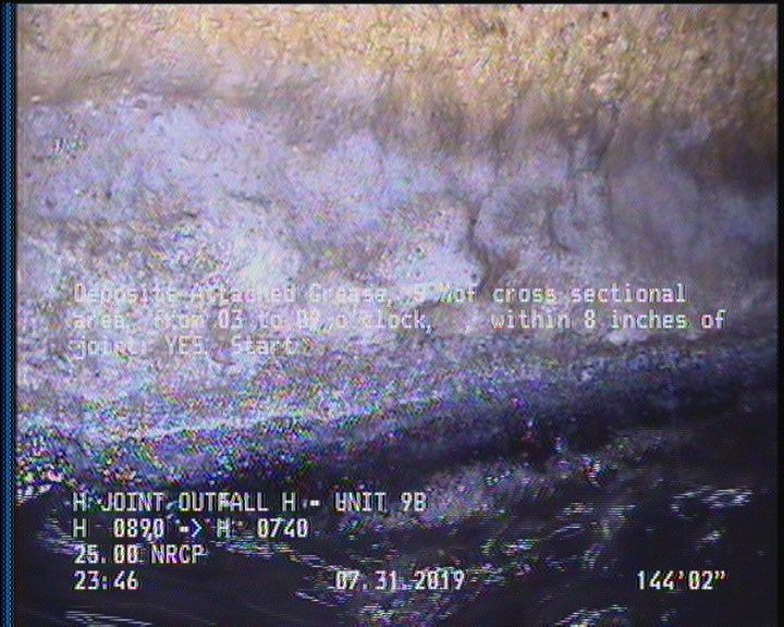 Deposits Attached Grease, 5 %of cross sectional area, from 03 to 09 o'clock, , within 8 inches of joint: YES, Start