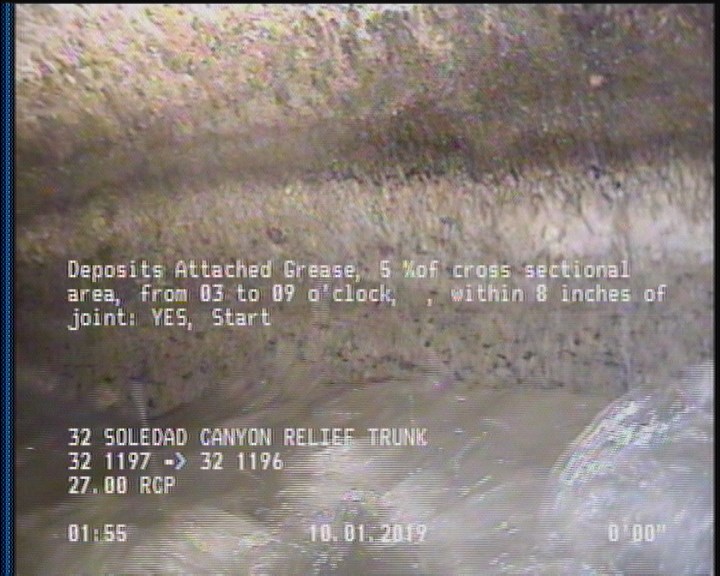 Deposits Attached Grease, 5 %of cross sectional area, from 03 to 09 o'clock, , within 8 inches of joint: YES, Start