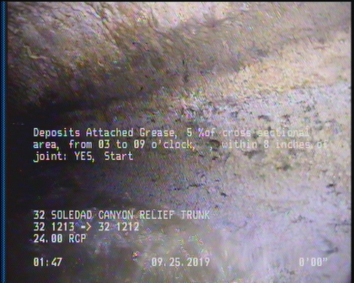 Deposits Attached Grease, 5 %of cross sectional area, from 03 to 09 o'clock, , within 8 inches of joint: YES, Start