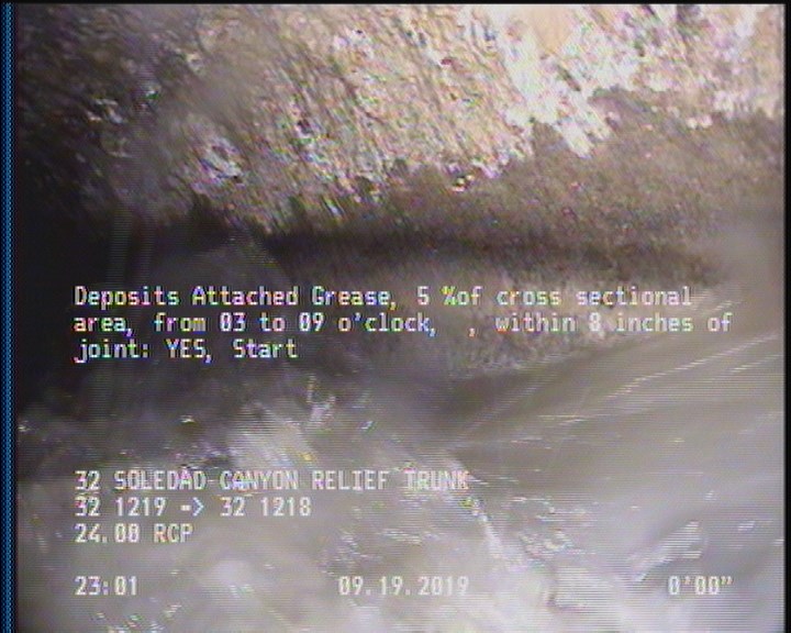 Deposits Attached Grease, 5 %of cross sectional area, from 03 to 09 o'clock, , within 8 inches of joint: YES, Start