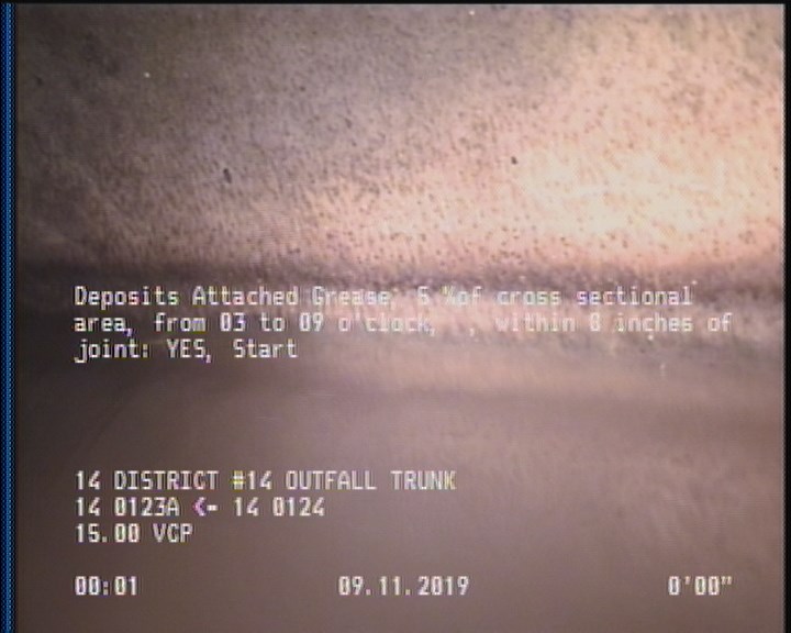 Deposits Attached Grease, 5 %of cross sectional area, from 03 to 09 o'clock, , within 8 inches of joint: YES, Start