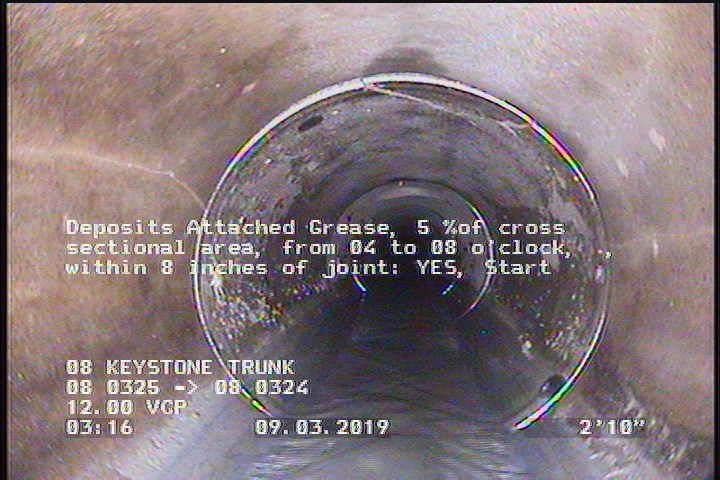 Deposits Attached Grease, 5 %of cross sectional area, from 04 to 08 o'clock, , within 8 inches of joint: YES, Start