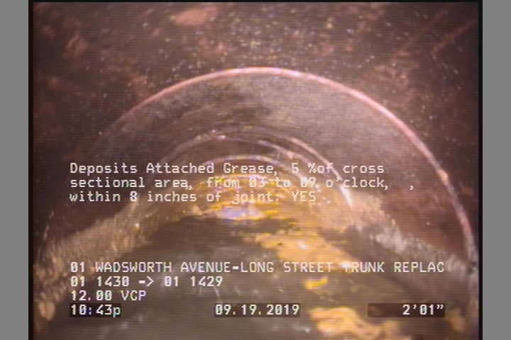 Deposits Attached Grease, 5 %of cross sectional area, from 03 to 09 o'clock, , within 8 inches of joint: YES