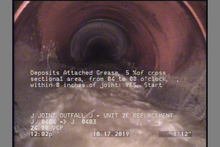 Deposits Attached Grease, 5 %of cross sectional area, from 04 to 08 o'clock, , within 8 inches of joint: YES, Start