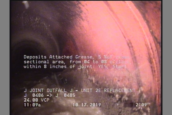 Deposits Attached Grease, 5 %of cross sectional area, from 04 to 08 o'clock, , within 8 inches of joint: YES, Start