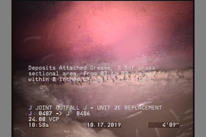 Deposits Attached Grease, 5 %of cross sectional area, from 03 to 09 o'clock, , within 8 inches of joint: YES, Start