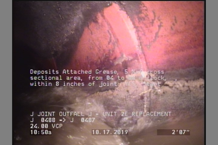 Deposits Attached Grease, 5 %of cross sectional area, from 04 to 08 o'clock, , within 8 inches of joint: YES, Start