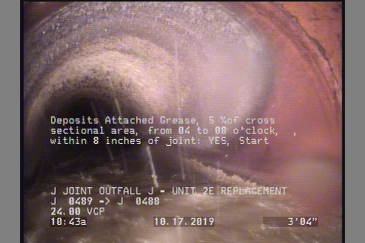Deposits Attached Grease, 5 %of cross sectional area, from 04 to 08 o'clock, , within 8 inches of joint: YES, Start