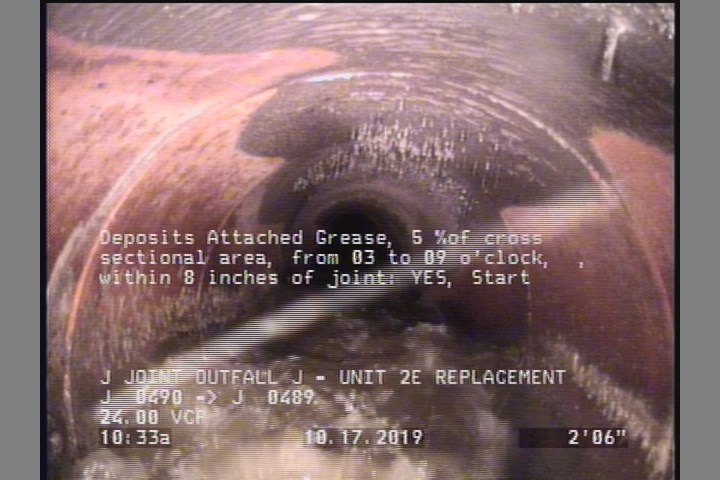 Deposits Attached Grease, 5 %of cross sectional area, from 03 to 09 o'clock, , within 8 inches of joint: YES, Start