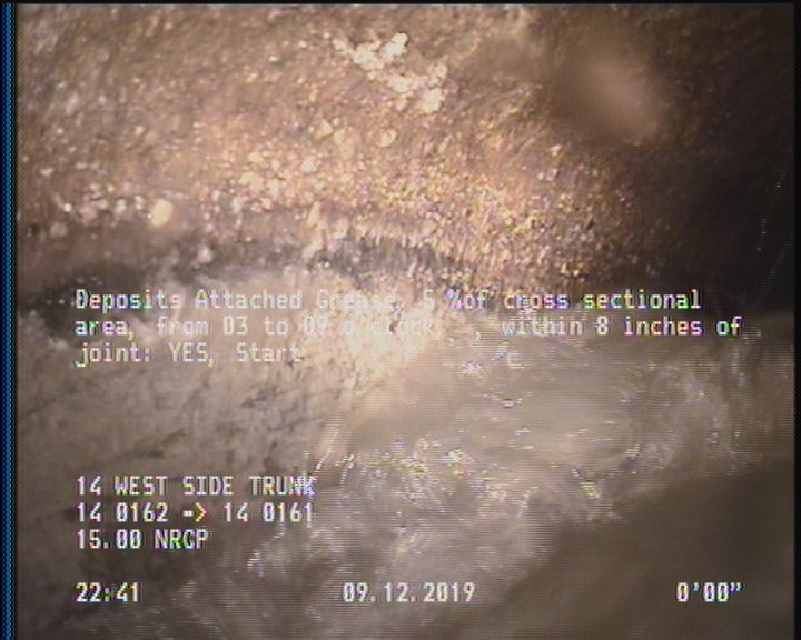 Deposits Attached Grease, 5 %of cross sectional area, from 03 to 09 o'clock, , within 8 inches of joint: YES, Start