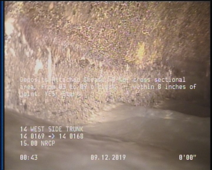 Deposits Attached Grease, 5 %of cross sectional area, from 03 to 09 o'clock, , within 8 inches of joint: YES, Start