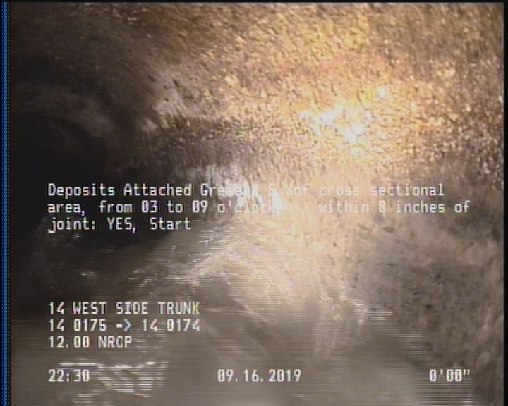 Deposits Attached Grease, 5 %of cross sectional area, from 03 to 09 o'clock, , within 8 inches of joint: YES, Start