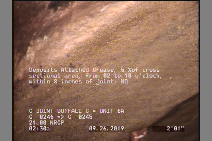 Deposits Attached Grease, 5 %of cross sectional area, from 02 to 10 o'clock, , within 8 inches of joint: NO