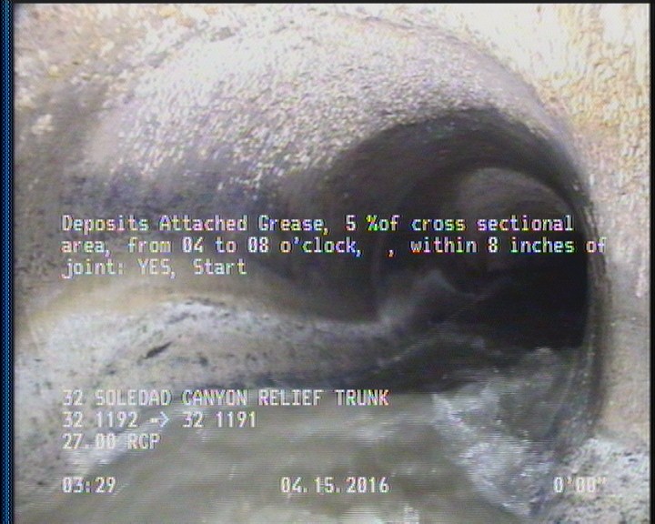 Deposits Attached Grease, 5 %of cross sectional area, from 04 to 08 o'clock, , within 8 inches of joint: YES, Start