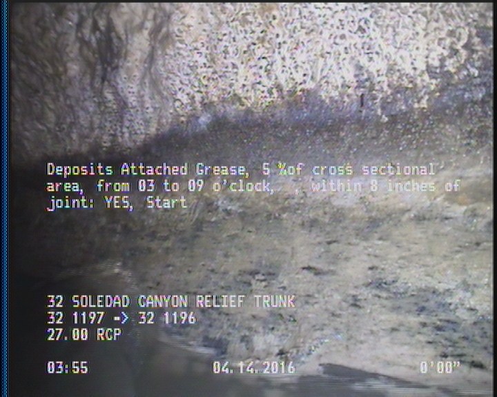 Deposits Attached Grease, 5 %of cross sectional area, from 03 to 09 o'clock, , within 8 inches of joint: YES, Start