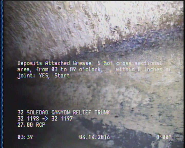 Deposits Attached Grease, 5 %of cross sectional area, from 03 to 09 o'clock, , within 8 inches of joint: YES, Start