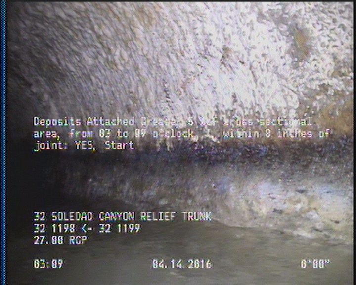 Deposits Attached Grease, 5 %of cross sectional area, from 03 to 09 o'clock, , within 8 inches of joint: YES, Start