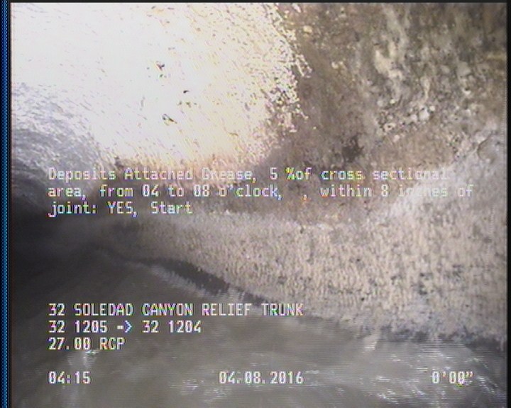 Deposits Attached Grease, 5 %of cross sectional area, from 04 to 08 o'clock, , within 8 inches of joint: YES, Start