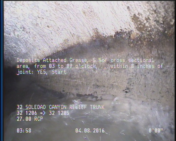 Deposits Attached Grease, 5 %of cross sectional area, from 03 to 09 o'clock, , within 8 inches of joint: YES, Start