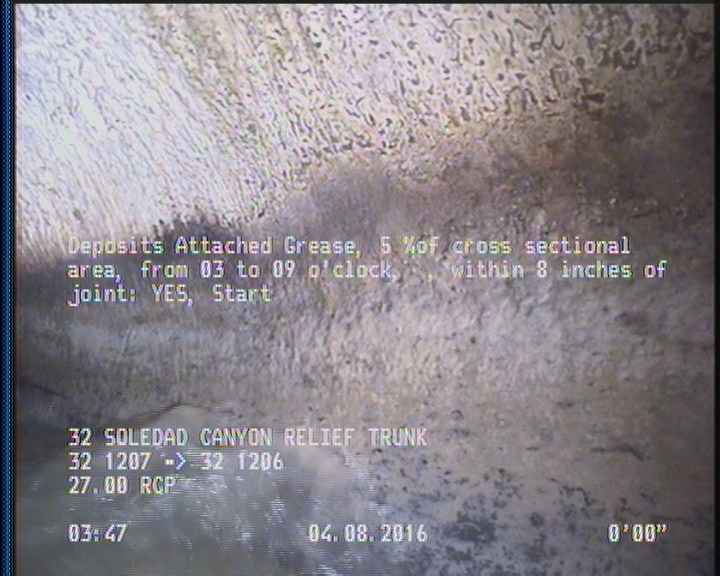 Deposits Attached Grease, 5 %of cross sectional area, from 03 to 09 o'clock, , within 8 inches of joint: YES, Start