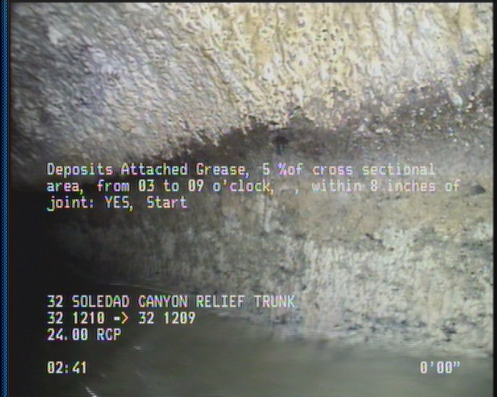 Deposits Attached Grease, 5 %of cross sectional area, from 03 to 09 o'clock, , within 8 inches of joint: YES, Start