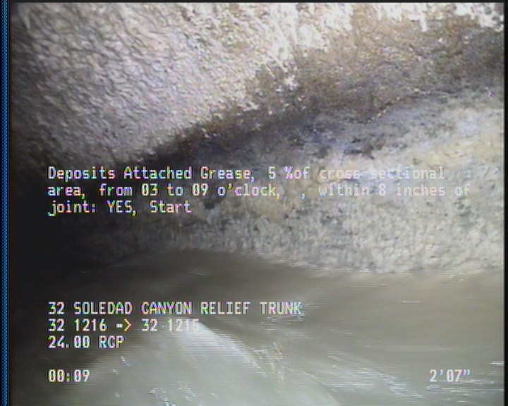 Deposits Attached Grease, 5 %of cross sectional area, from 03 to 09 o'clock, , within 8 inches of joint: YES, Start
