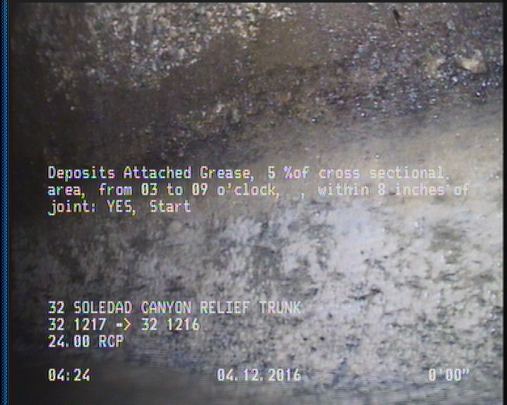 Deposits Attached Grease, 5 %of cross sectional area, from 03 to 09 o'clock, , within 8 inches of joint: YES, Start