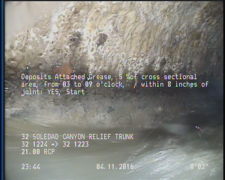 Deposits Attached Grease, 5 %of cross sectional area, from 03 to 09 o'clock, , within 8 inches of joint: YES, Start
