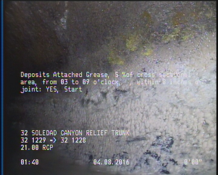 Deposits Attached Grease, 5 %of cross sectional area, from 03 to 09 o'clock, , within 8 inches of joint: YES, Start