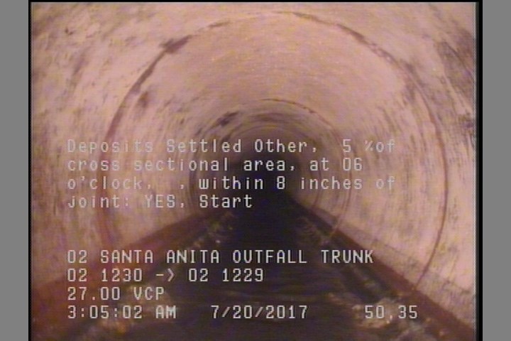 Deposits Settled Other, 5 %of cross sectional area, at 06 o'clock, , within 8 inches of joint: YES, Start