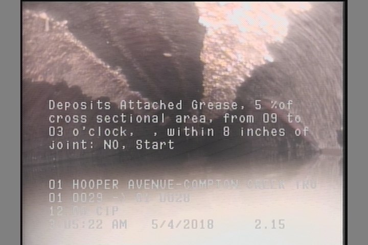 Deposits Attached Grease, 5 %of cross sectional area, from 09 to 03 o'clock, , within 8 inches of joint: NO, Start