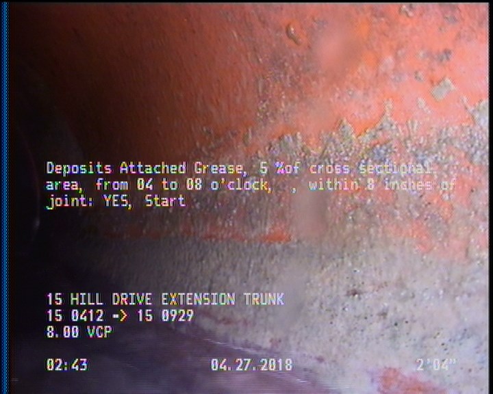 Deposits Attached Grease, 5 %of cross sectional area, from 04 to 08 o'clock, , within 8 inches of joint: YES, Start